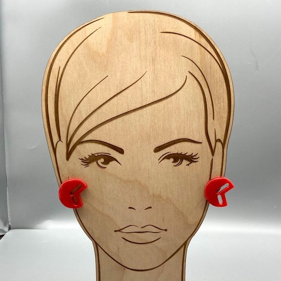 Oh So 80s Retro Mod Earrings, Red Moonglow Lucite with Fun Cutouts - Picture 3 of 5